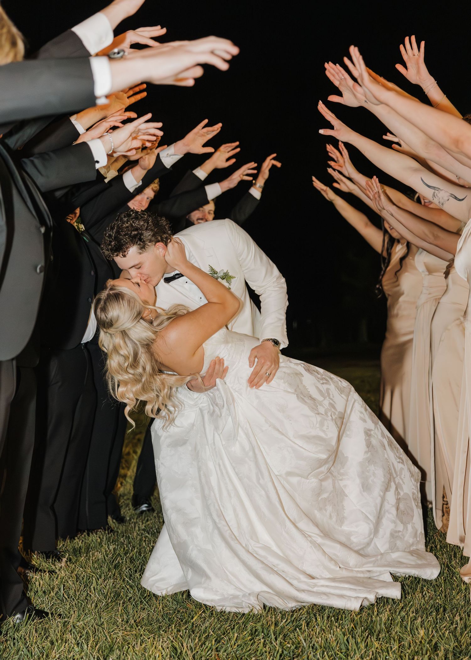 A series of wedding photos showing a couple performing a dramatic dip dance move on a grassy outdoor dance floor.