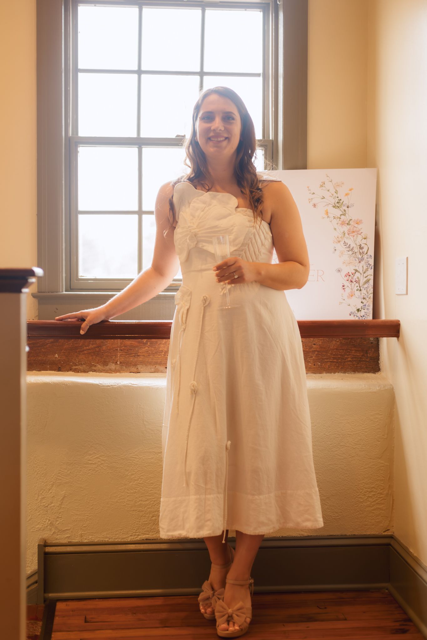 A series of photos showing someone in a white dress sitting by sunlit windows on a wooden bench.