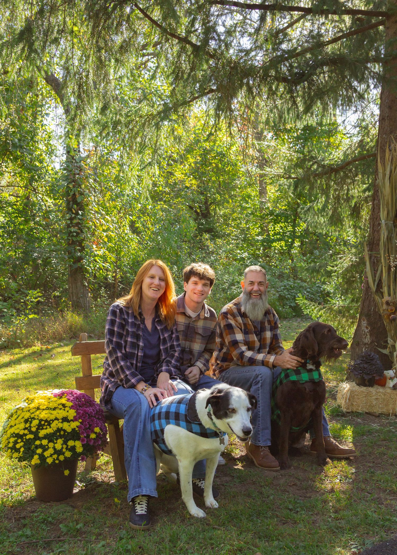 A large Saint Bernard dog sits with people outdoors near autumn flowers and trees in a garden setting.