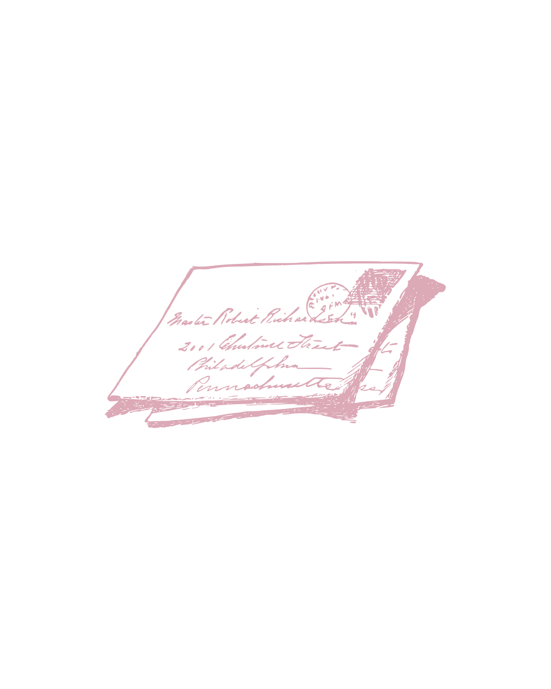 Sketched envelopes and letters with romantic details in pink line art.