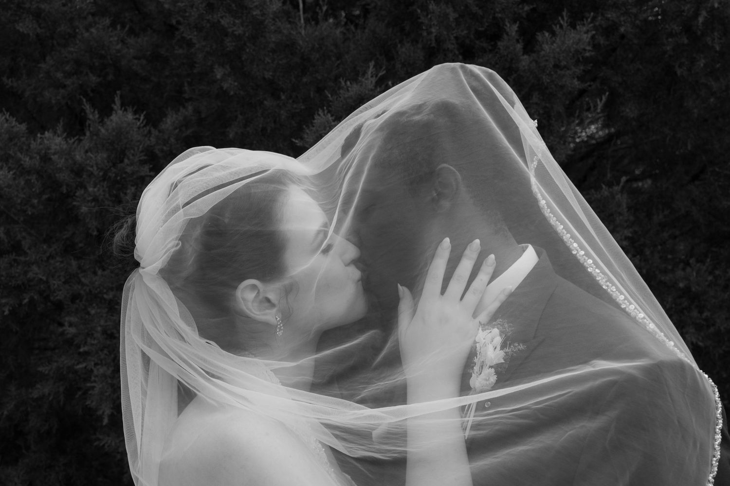 Black and white photo of bride and groom sharing a romantic kiss under a flowing wedding veil outdoors.