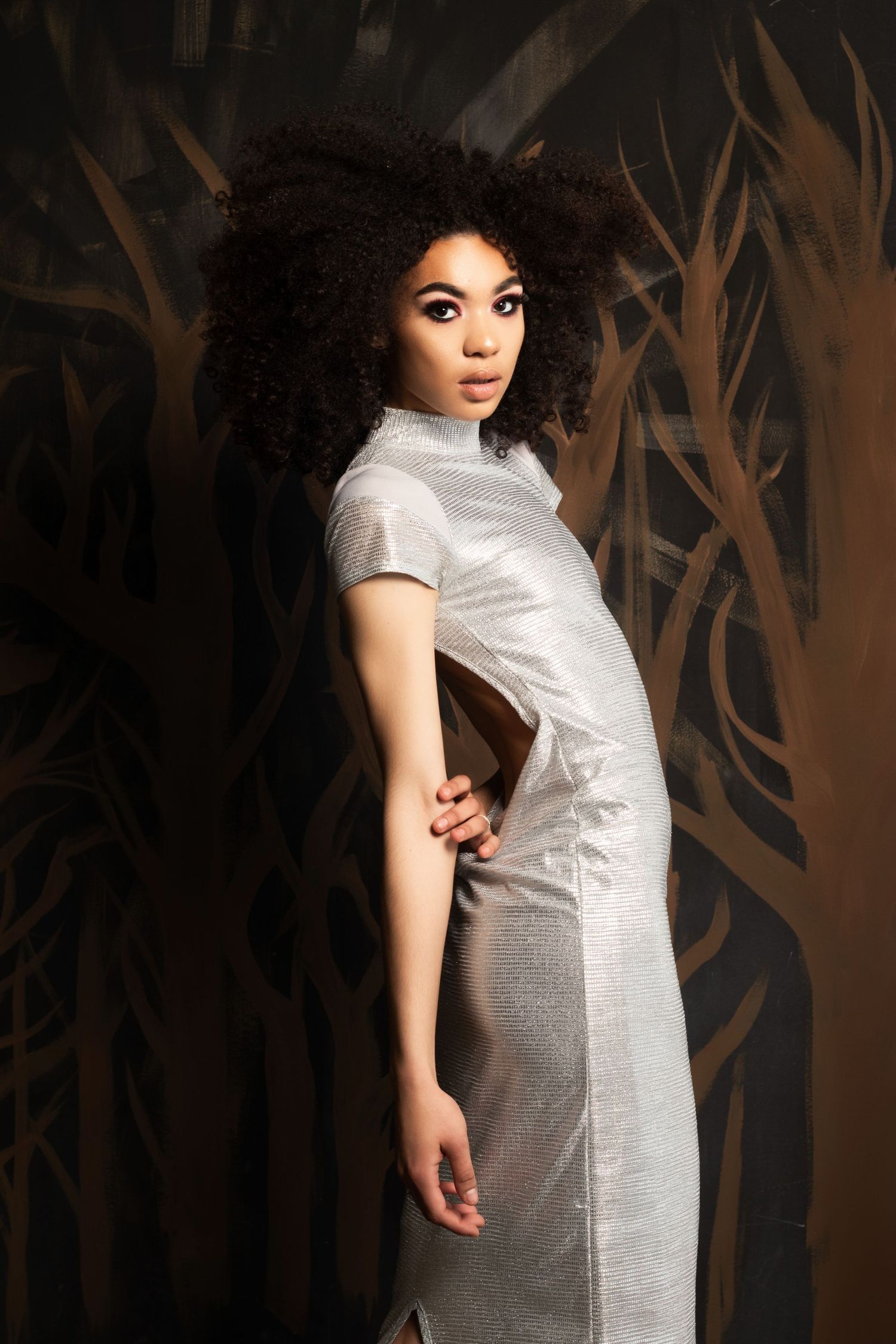 Artistic fashion shoot featuring silver dress against dark background with tree branch shadows.