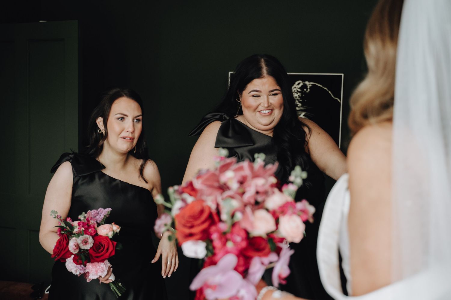 A series of seven candid wedding moments showing joyful interactions with bright pink and red floral bouquets.