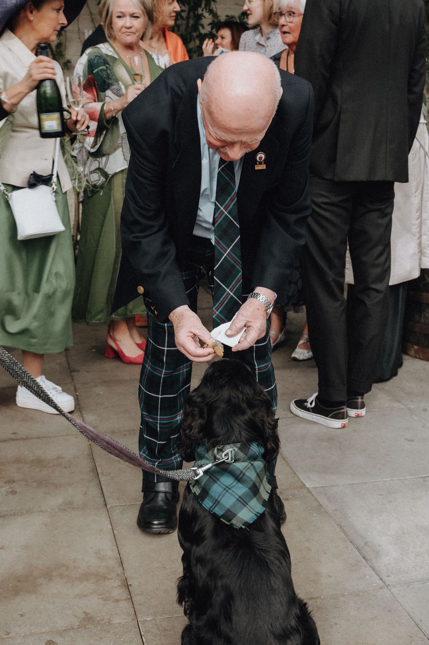 Man in Scottish kilt bends down to feed treat to black dog wearing matching tartan outfit.