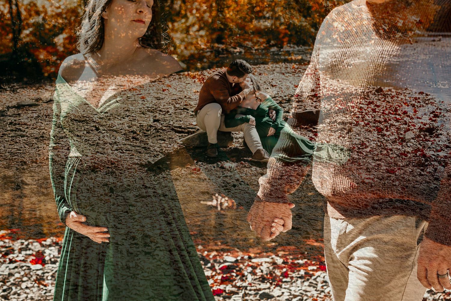 Double exposure maternity photo blending couple near river with close-up of pregnant woman in green gown.