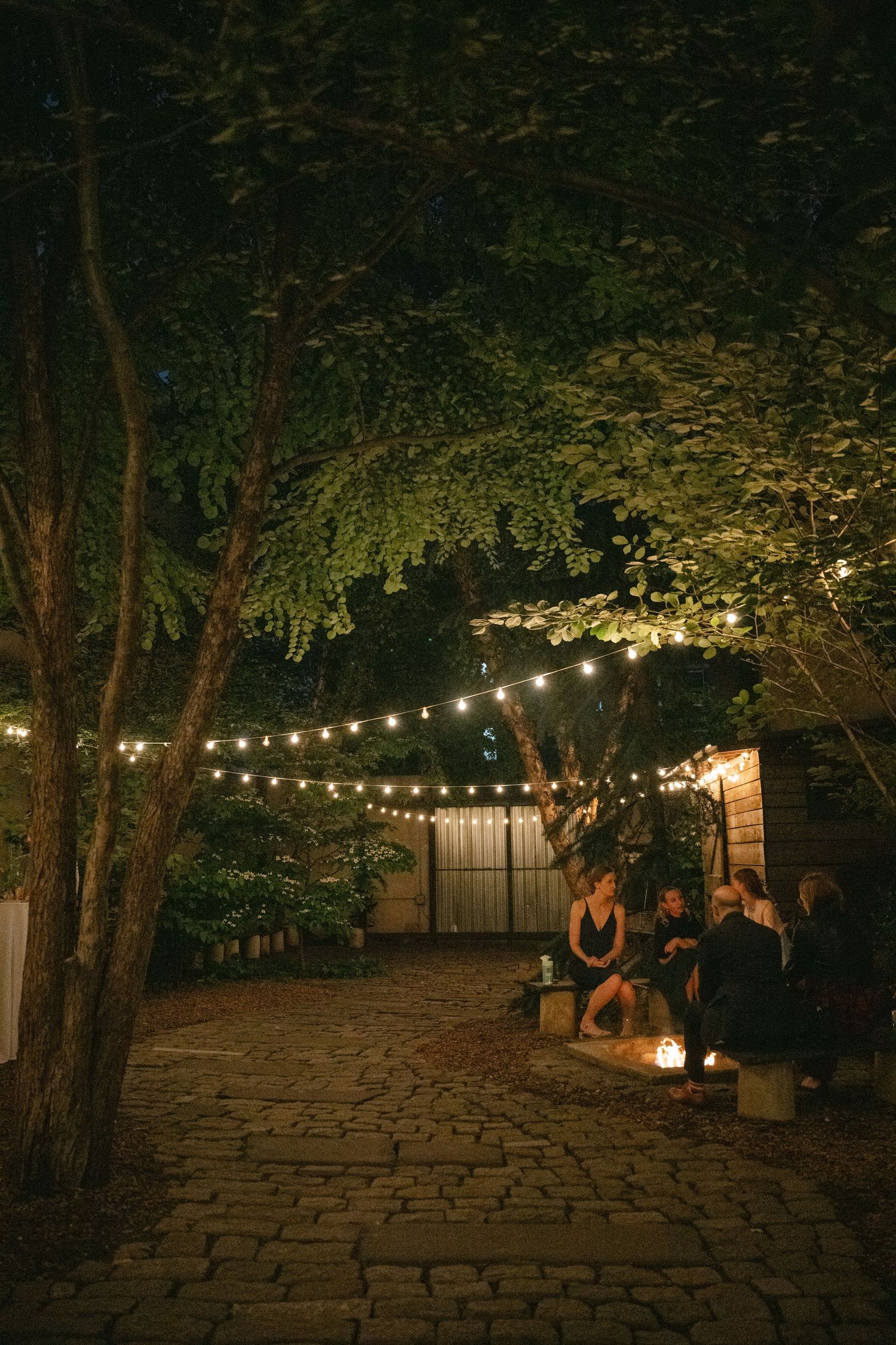 String lights illuminate a stone pathway through trees at night creating a romantic garden ambiance.