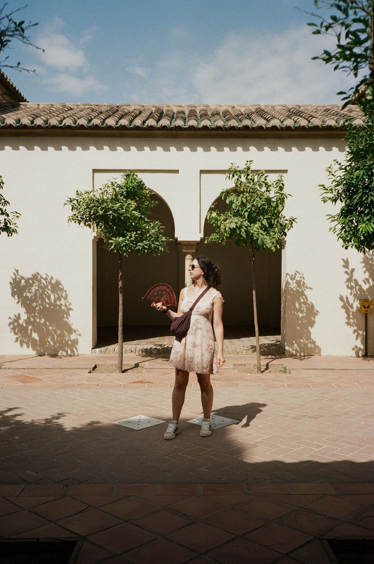 Sunlit courtyard with terracotta tiles and white stucco walls showing shadows and movement.