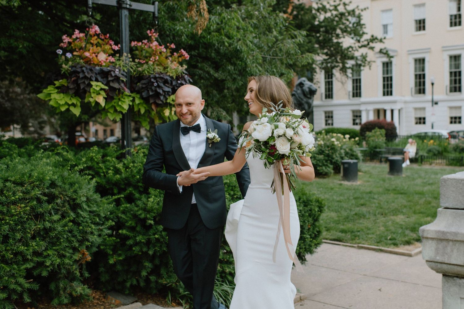 bride and groom walk together