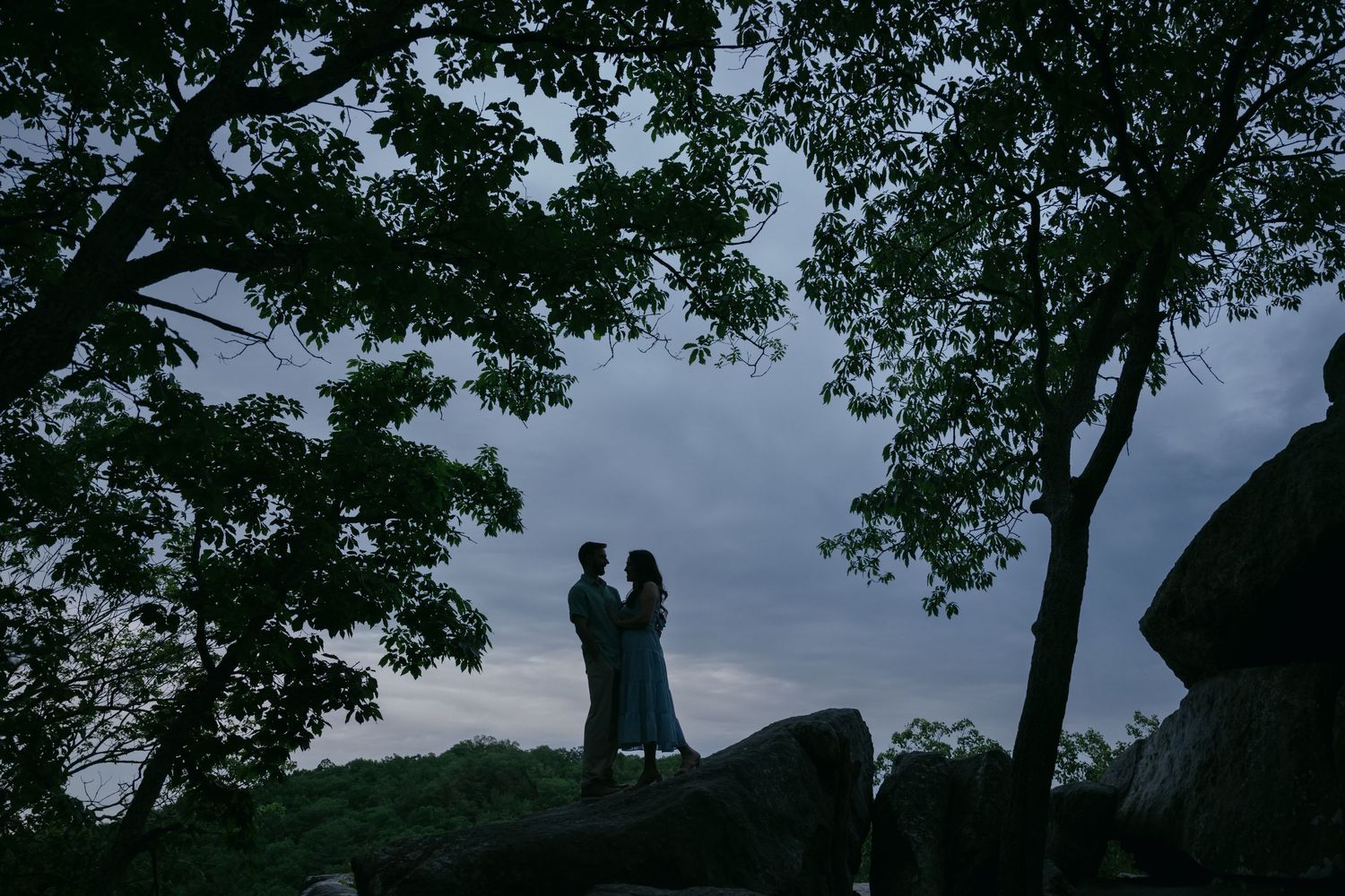 A romantic silhouette of a couple against a moody sky with trees framing the scene.