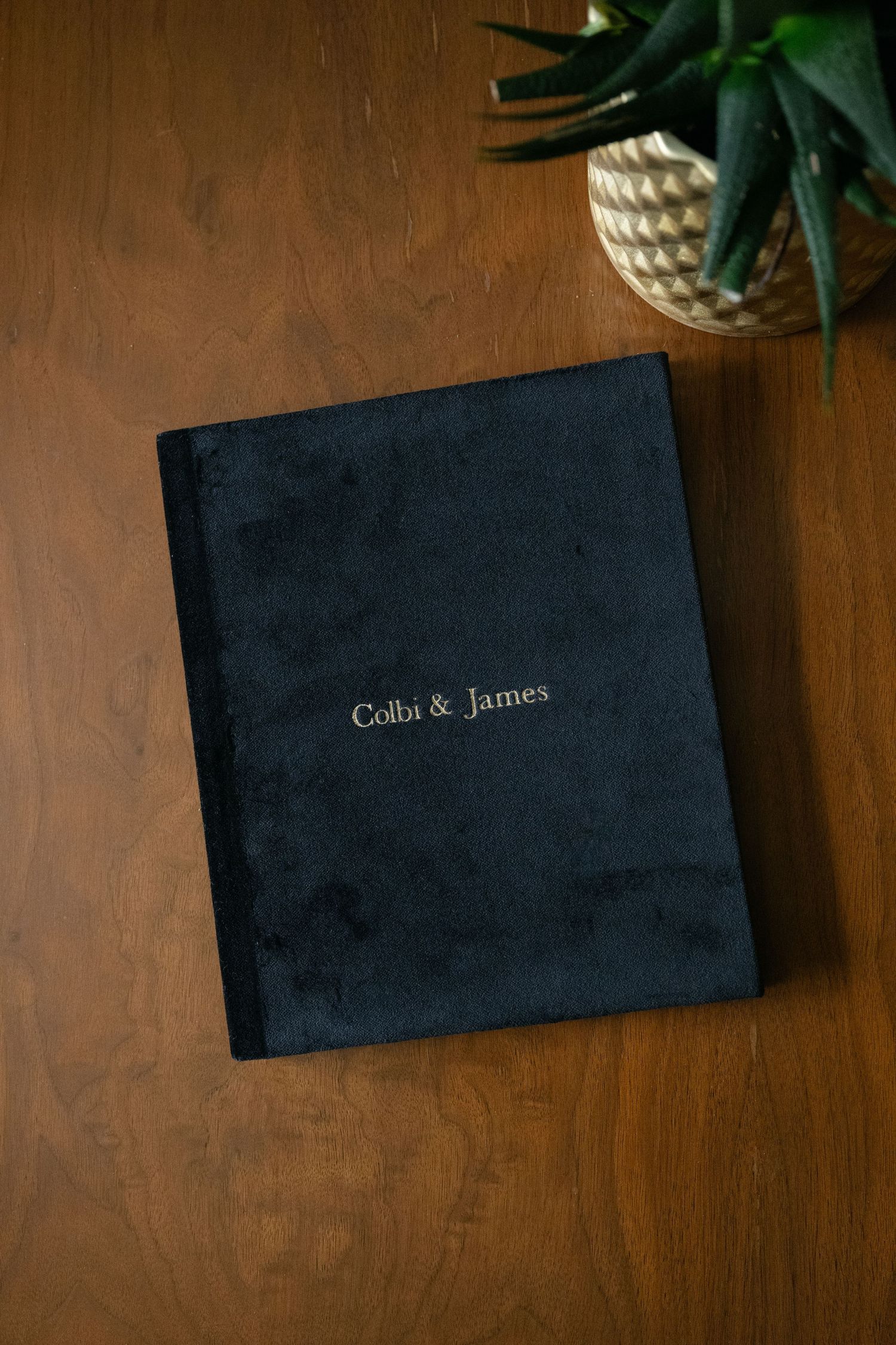 Black wedding album with gold text displayed on wooden table next to succulent plant.