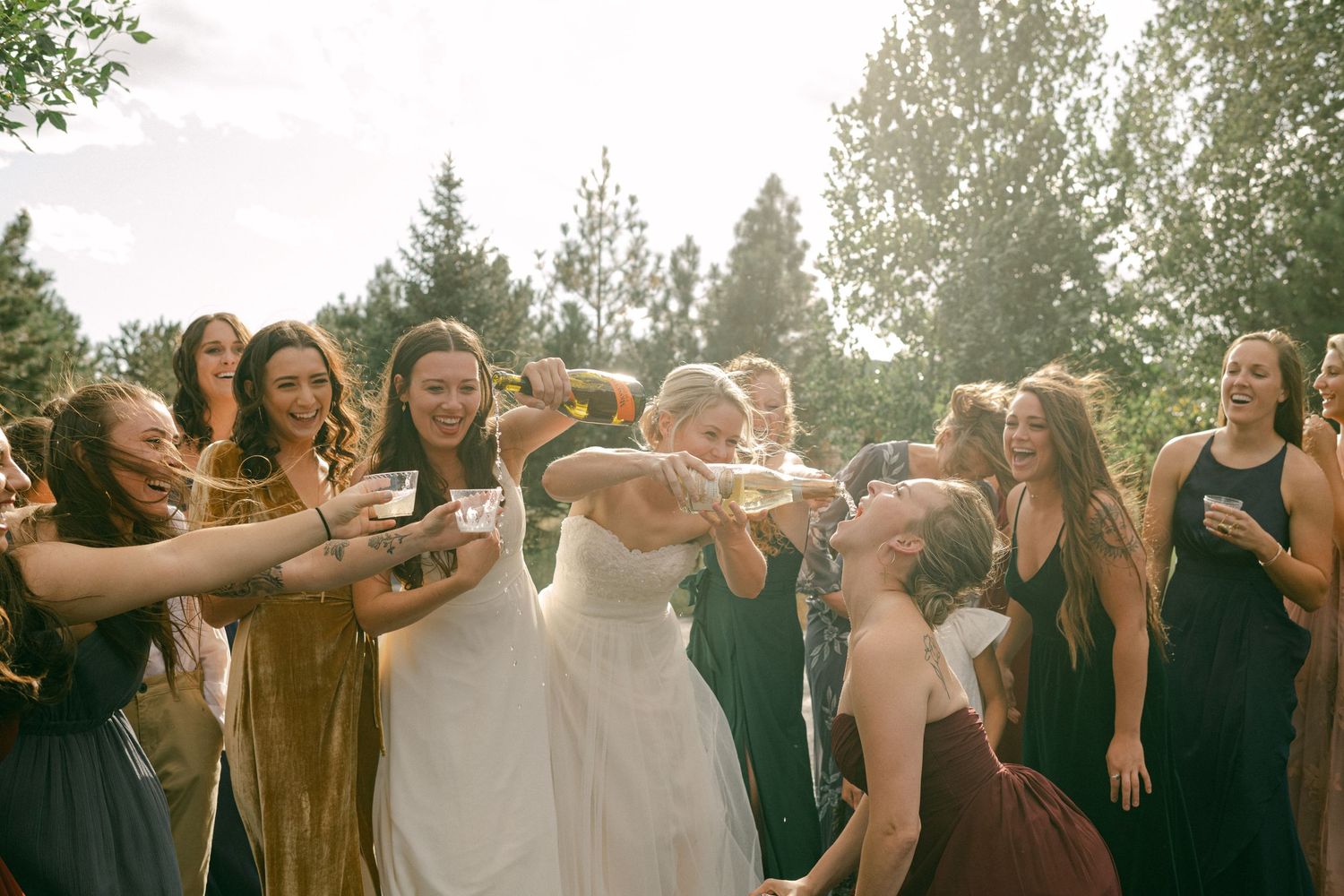 Wedding party members in dark dresses pose together outdoors under sunny skies.