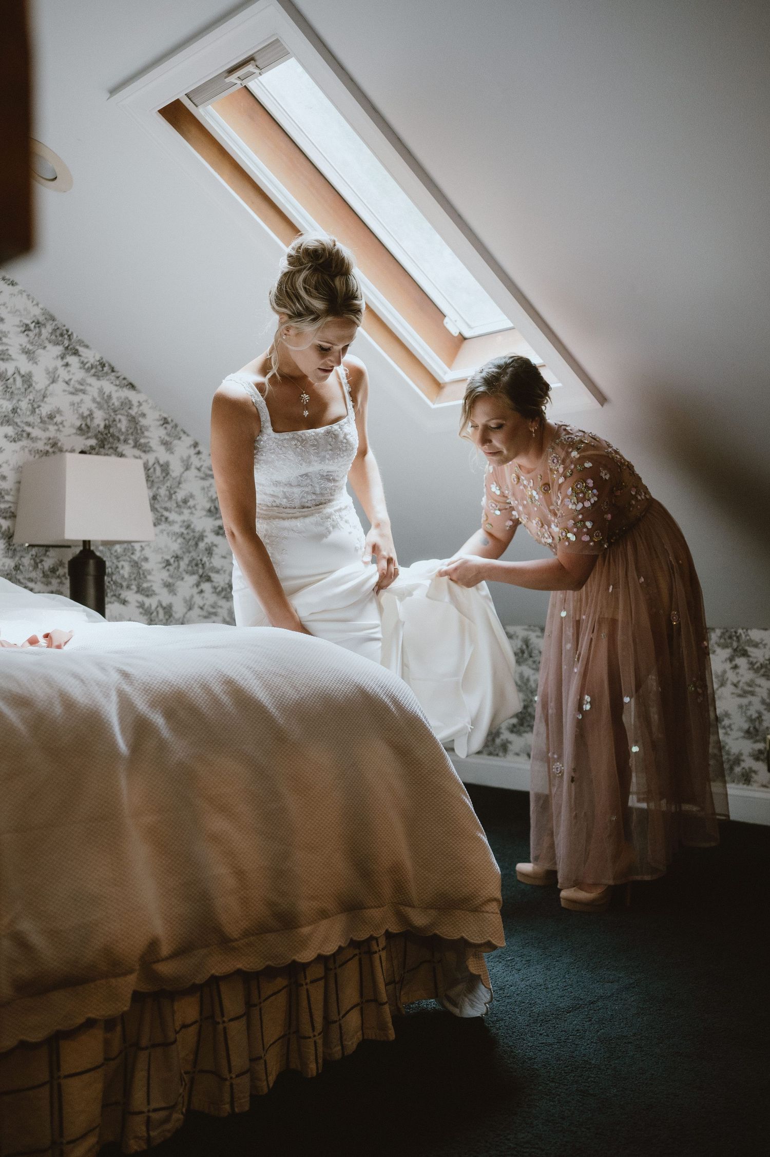 bride getting dressed wedding dress antrim 1844 wedding maryland intimate elopement photographer summer wedding
