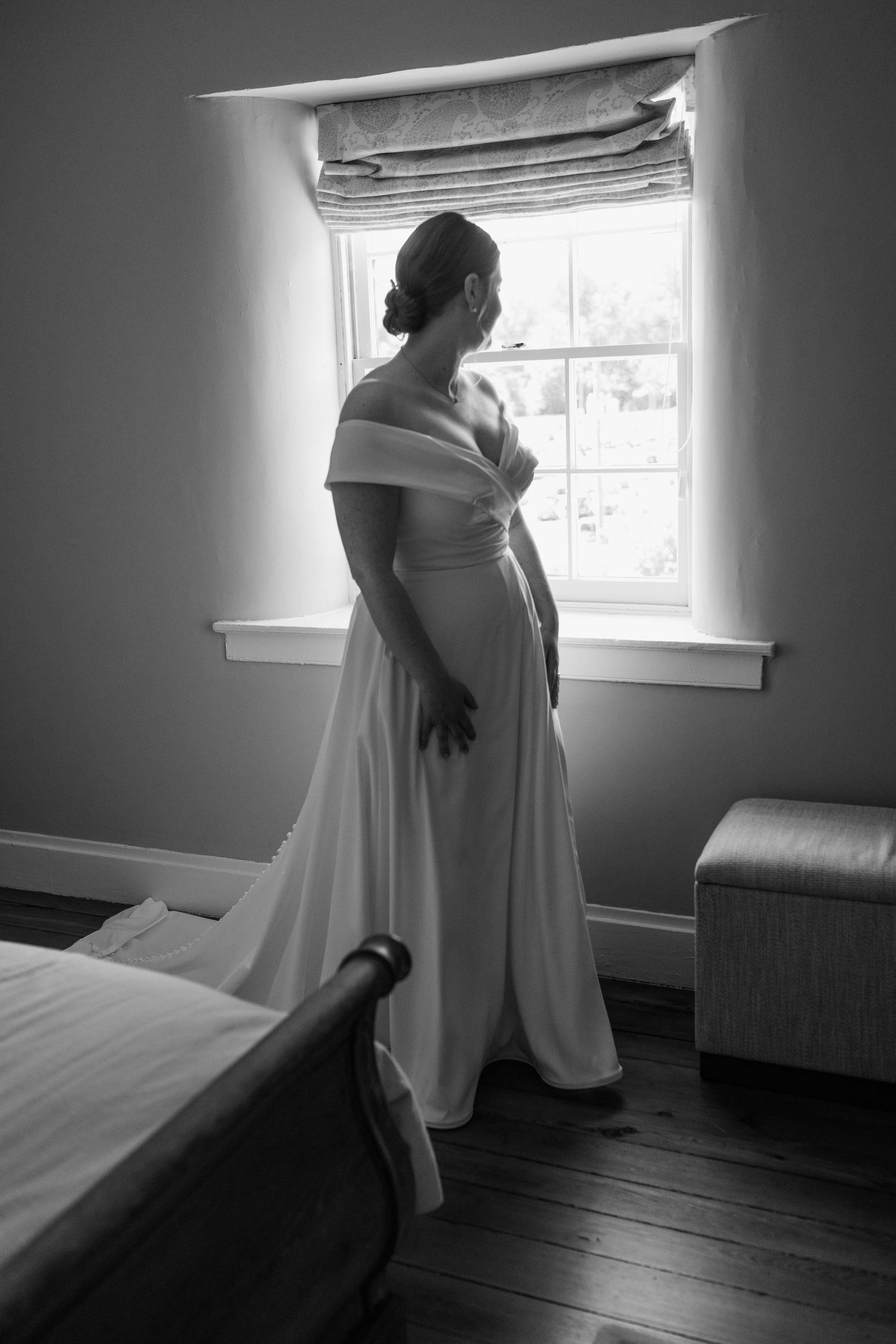 bride walking by window
