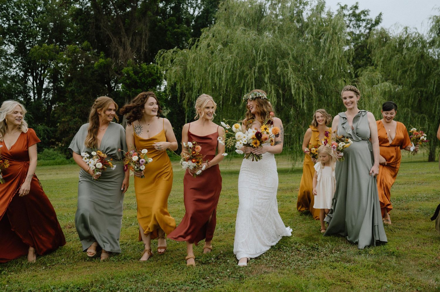 bride and bidesmaids boho wedding fall color bridesmaid dresses baltimore wedding photographer
