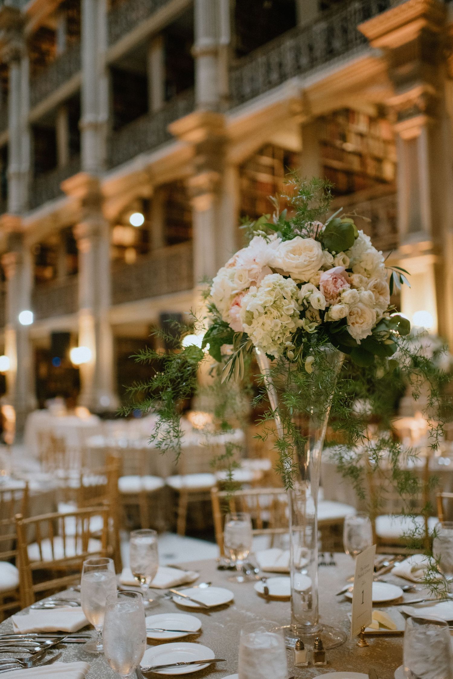 wedding reception at the peabody library center piece