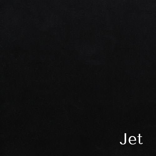 A solid black fabric swatch labeled Jet with a smooth velvet finish.