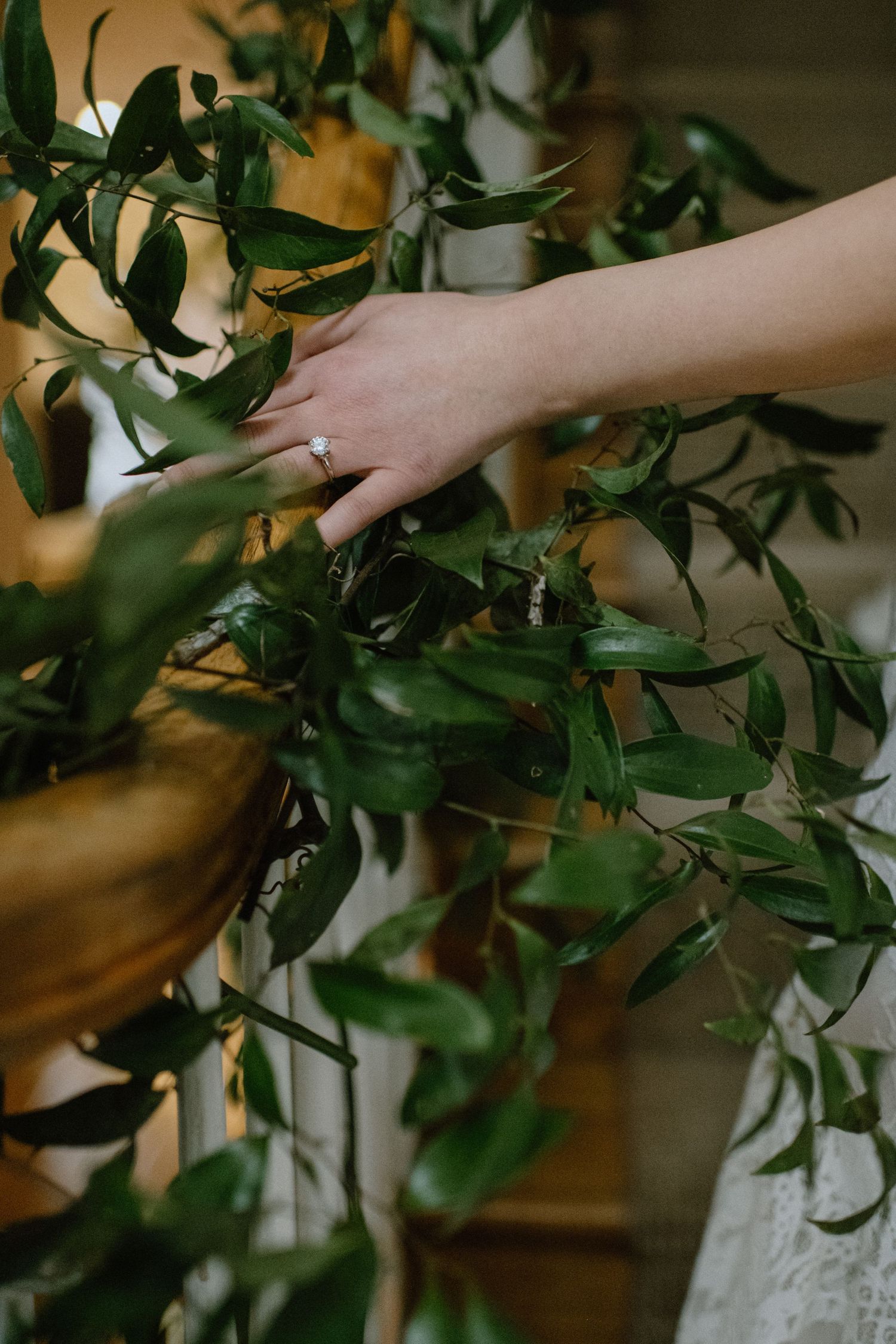 A close-up of a hand wearing an engagement ring touches green foliage in warm lighting.