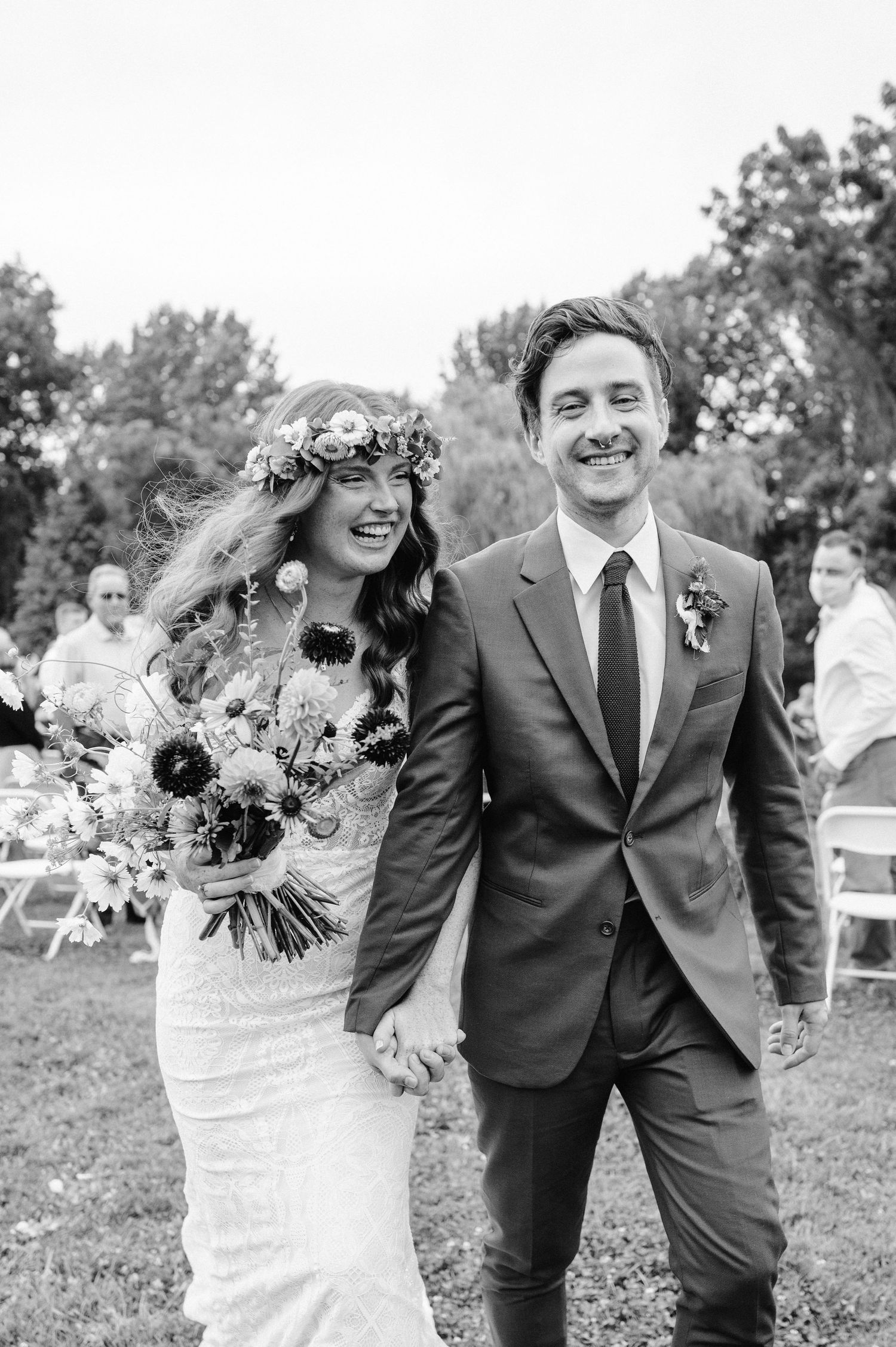 black and white photo of happy bride and groom
