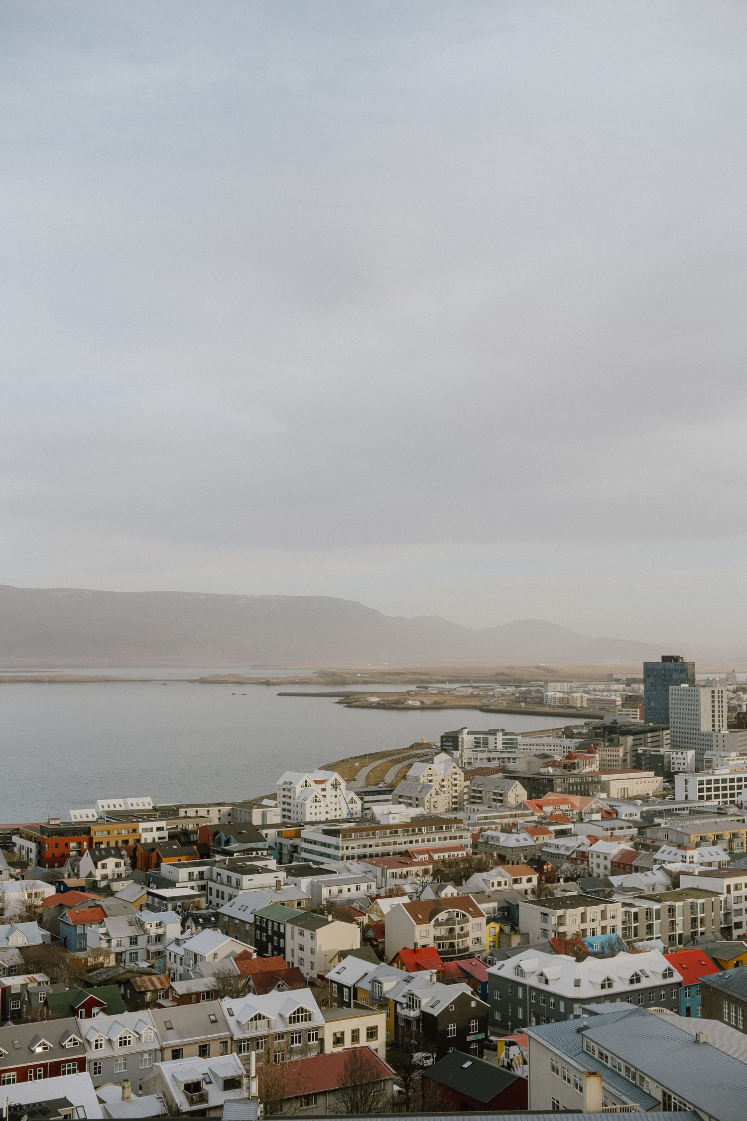 Aerial view of Reykjavik's coastal cityscape with colorful buildings and mountains in the background.