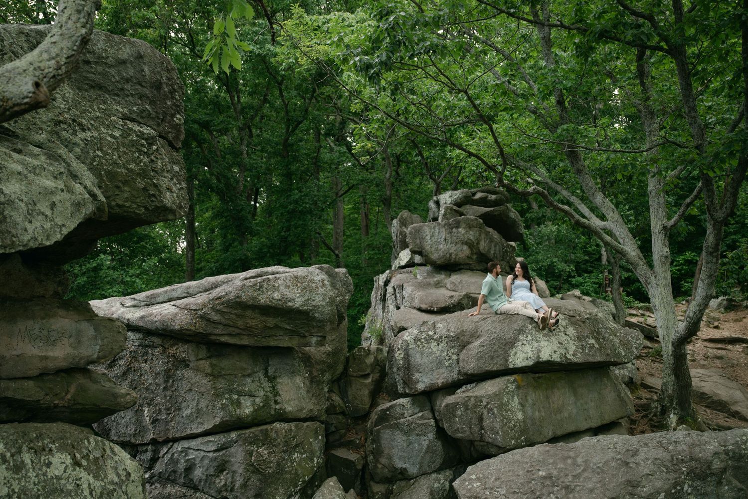 Natural rock formations create dramatic landscape features in a dense forest setting.