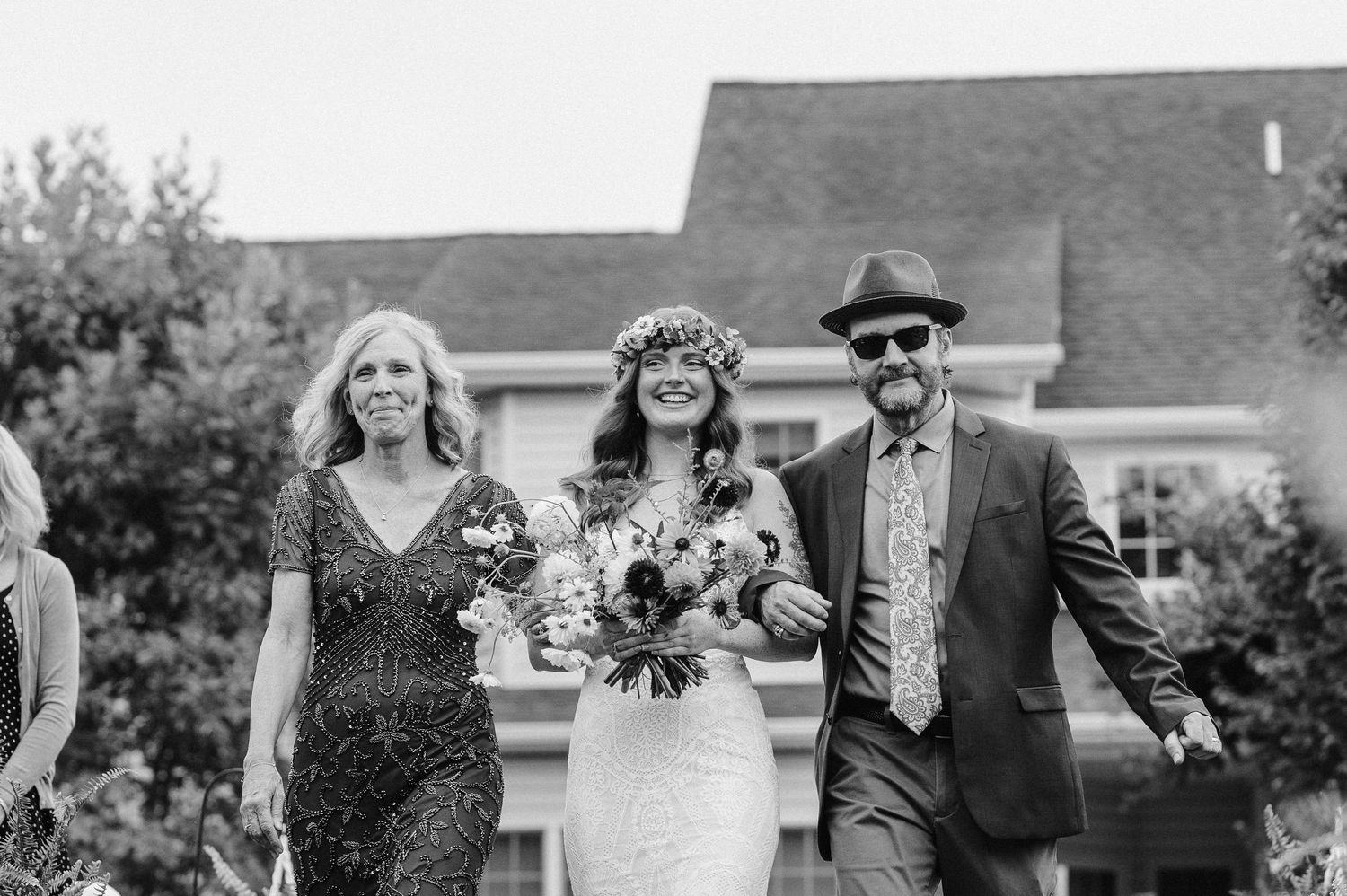 black and white bride with parents backyard wedding maryland documentary wedding photographer