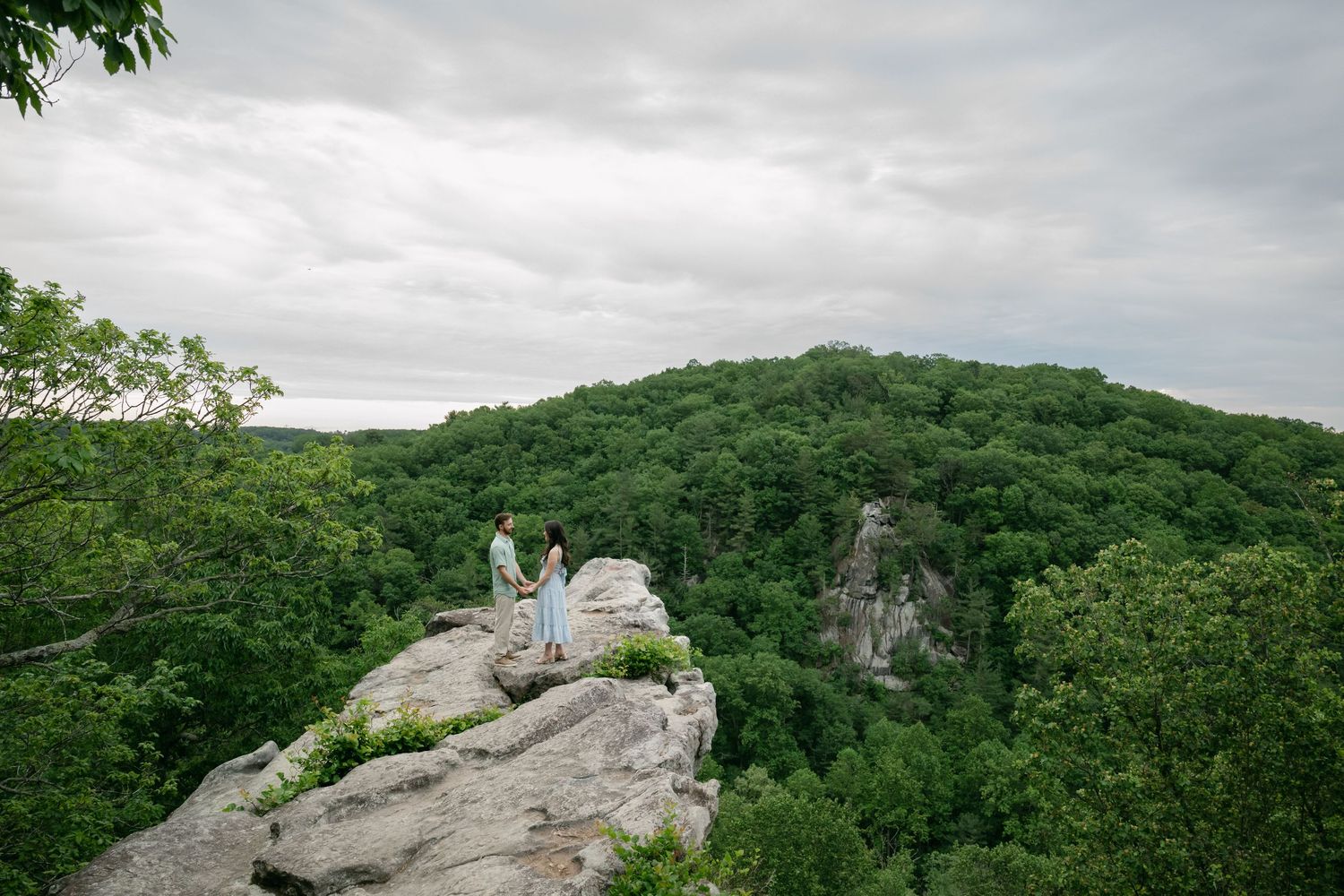 Scenic mountain overlook showing rocky outcrops and dense forest under cloudy summer skies.