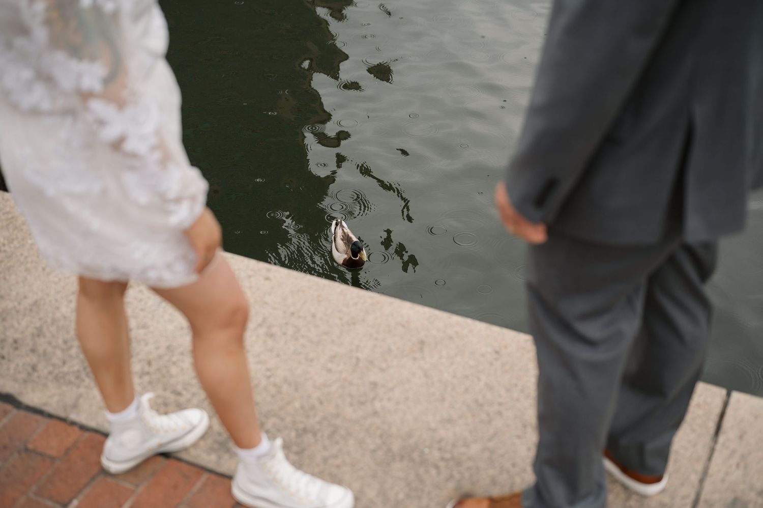 Two sets of feet in formal wear stand at the edge of a waterfront.