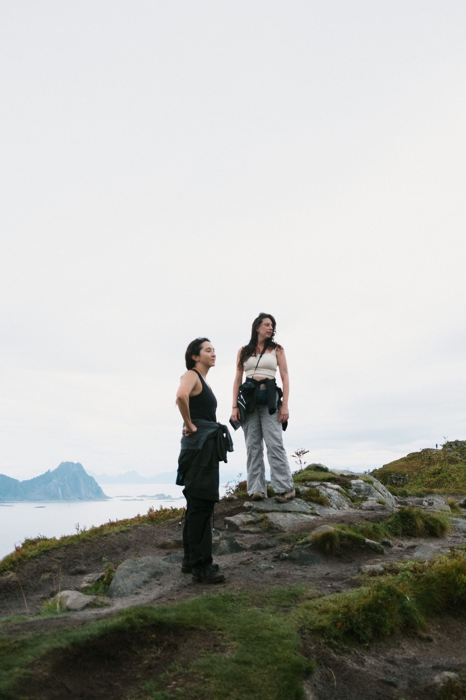 Hikers enjoying panoramic mountain vista overlooking coastal landscape.