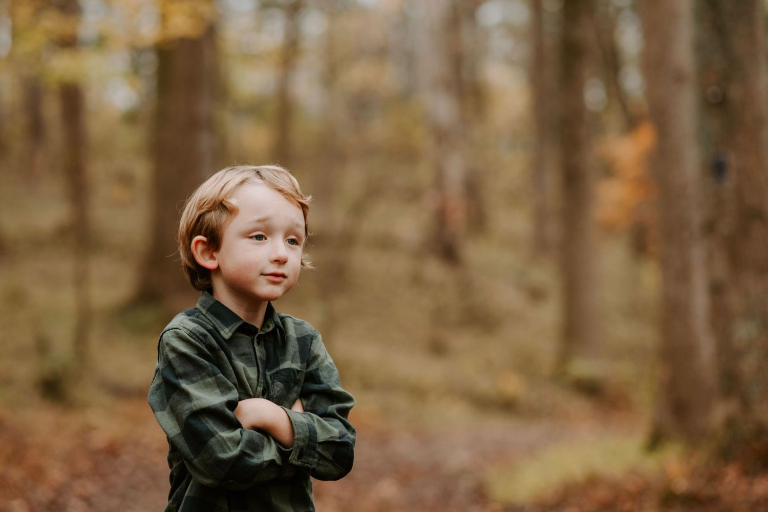 Child in green plaid shirt standing confidently in autumn forest.