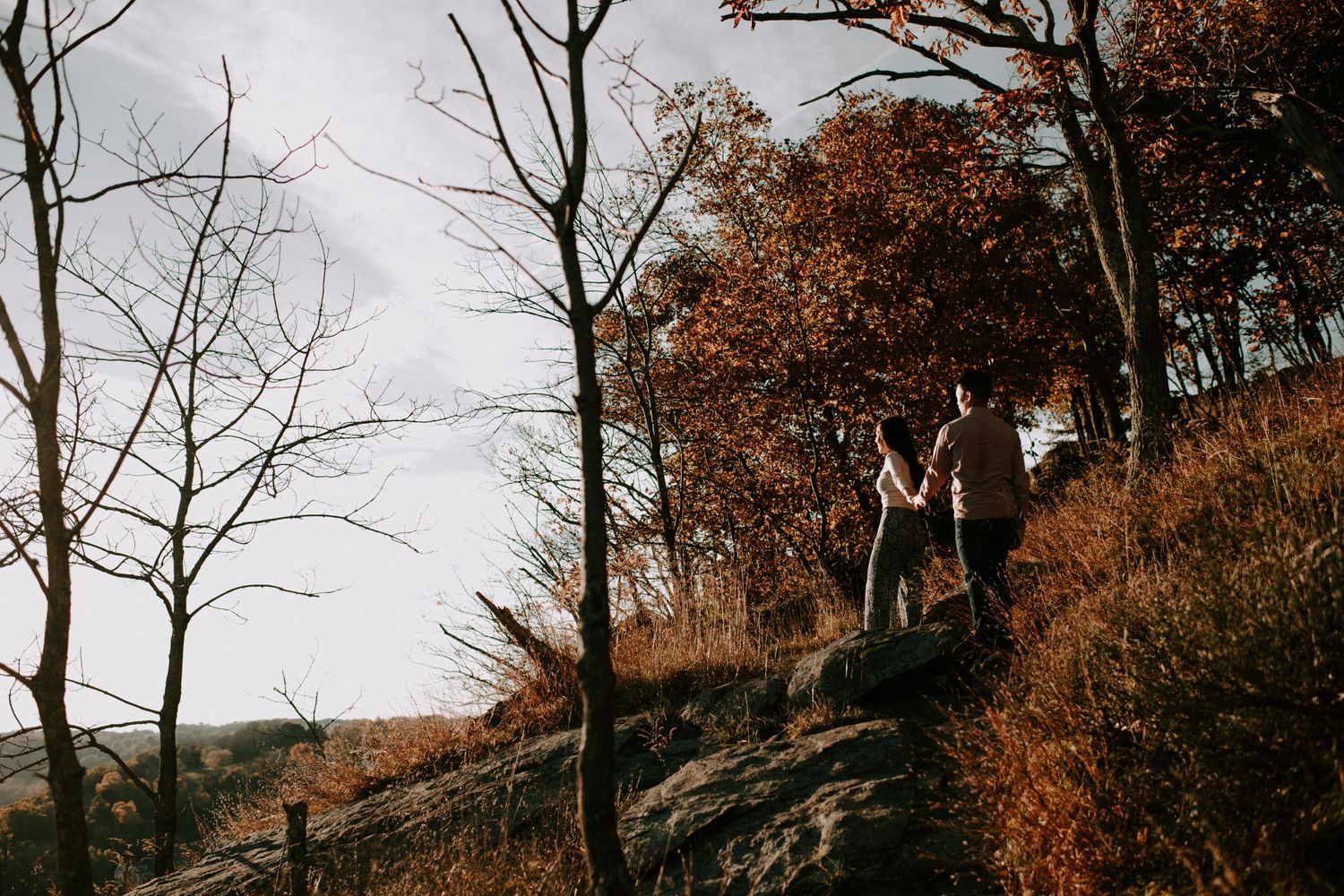 Silhouettes stand on rocky cliffs during autumn with bare trees.