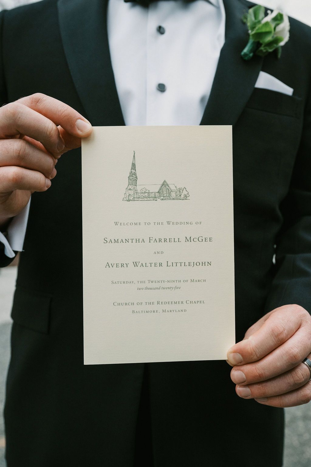 Wedding program details showing an elegant church illustration and formal text on cream colored paper.