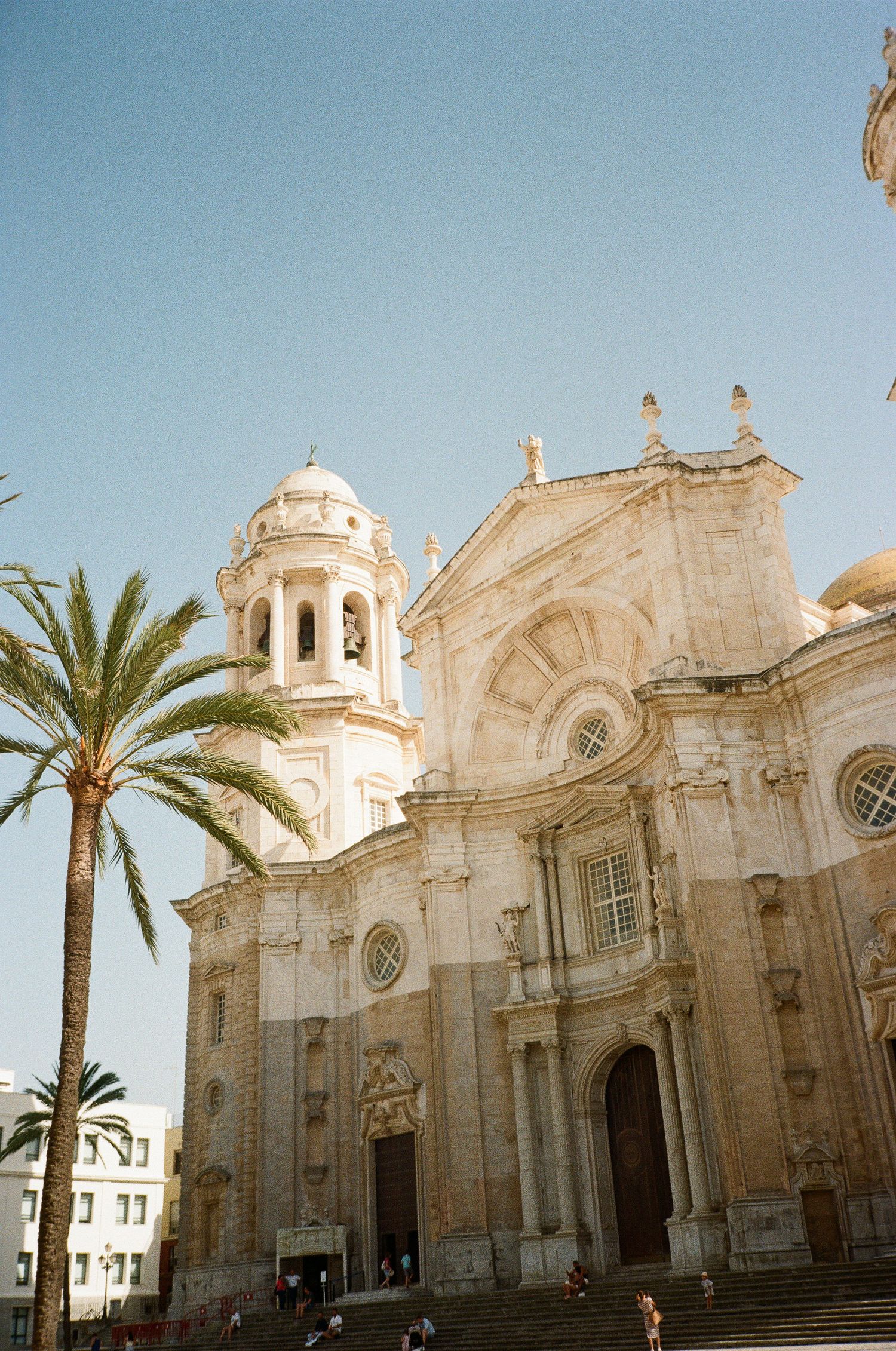 Ornate baroque cathedral facade with palm trees and white stone architecture.