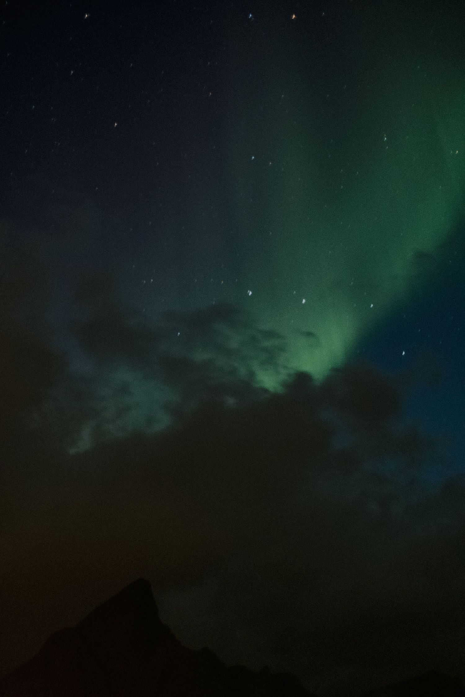 Green aurora borealis lights dance across a dark night sky over a mountainous silhouette.