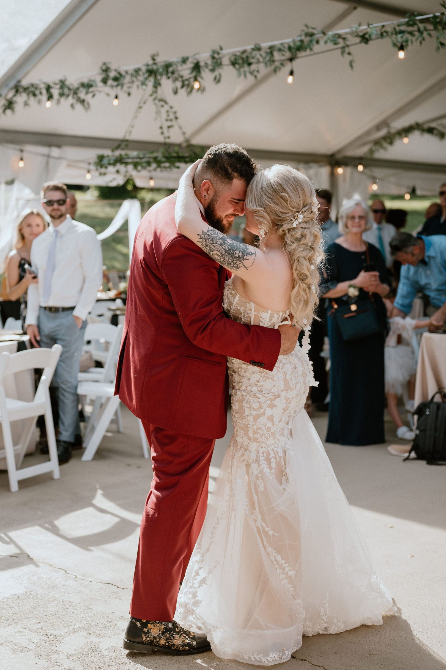Wedding couple sharing an intimate moment during their first dance.