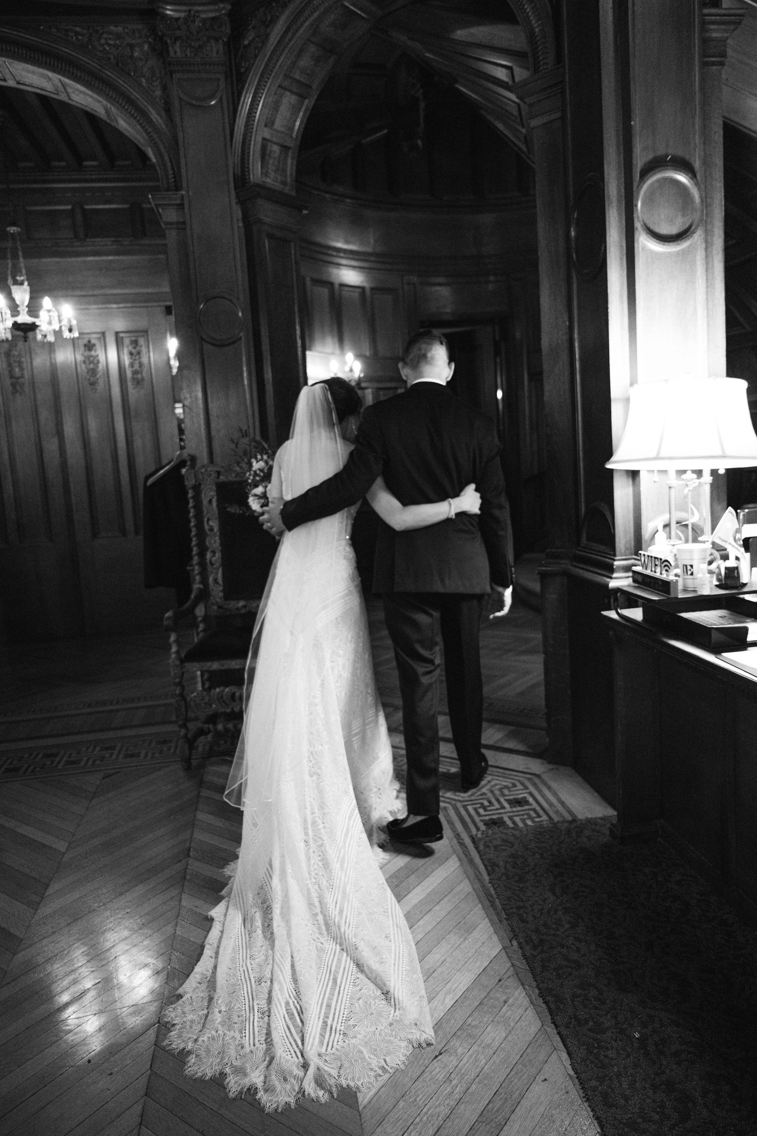 Dancing couple in wedding attire captured in sequence of romantic black and white photos.