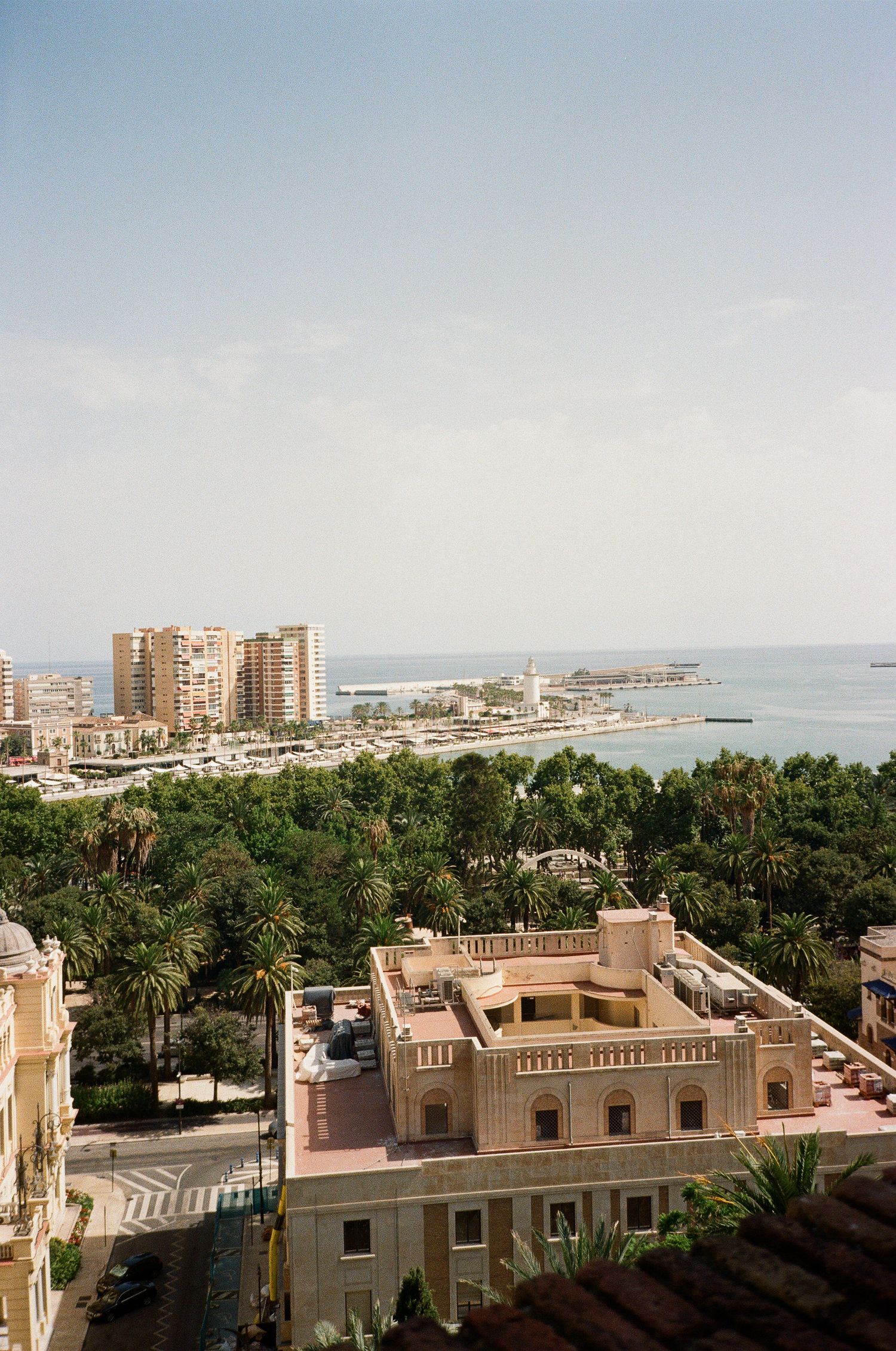 Panoramic coastal cityscape view with palm trees and beige buildings overlooking the Mediterranean Sea.