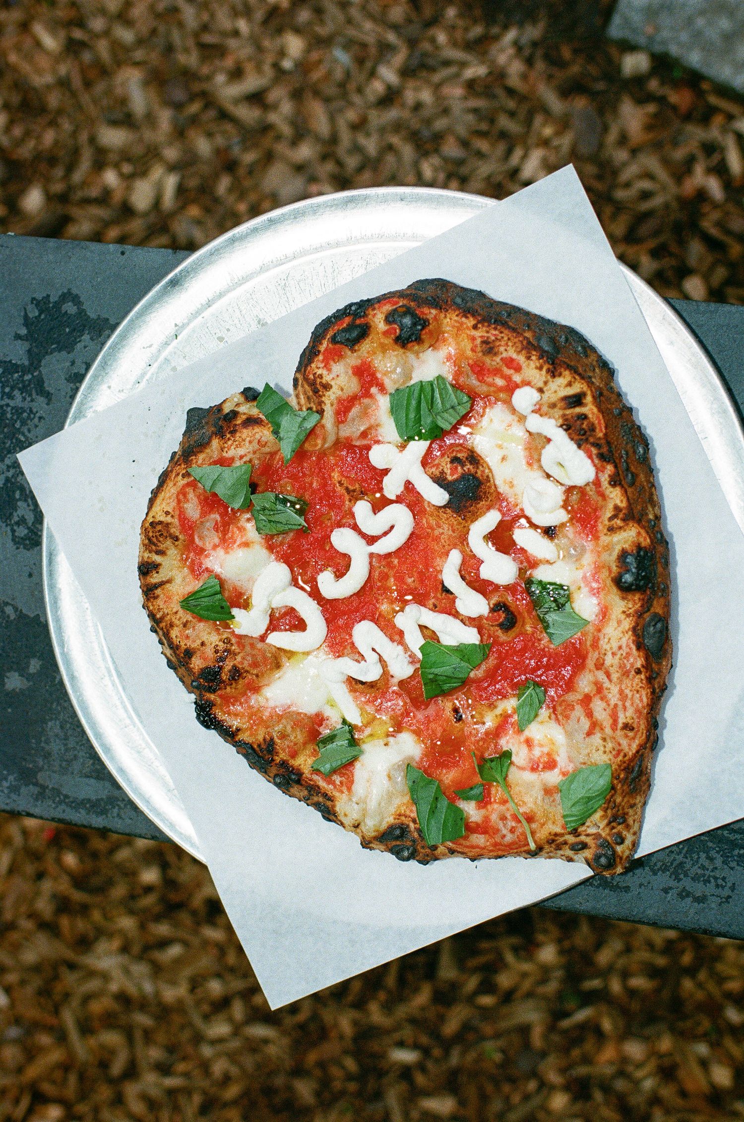 Grilled flatbread topped with marinara sauce, white cream, and fresh herbs served on white paper.