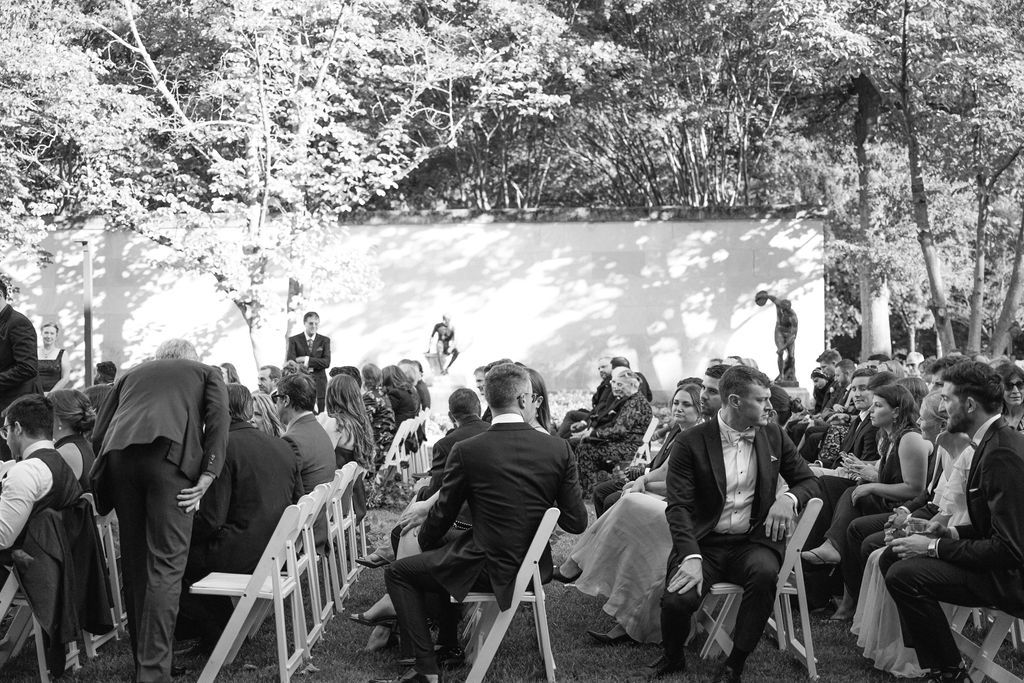 A series of black and white photos showing people gathered outdoors at what appears to be a wedding ceremony.