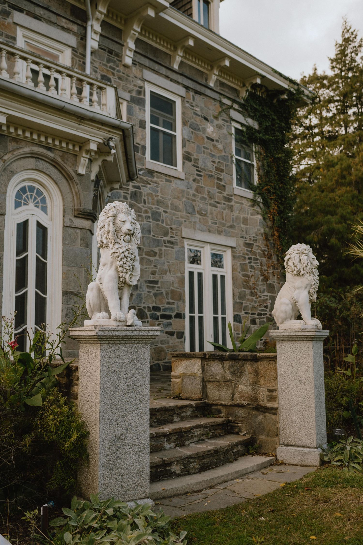 Two white marble lion statues on granite pedestals flank stone steps leading to an elegant historic stone mansion entrance.