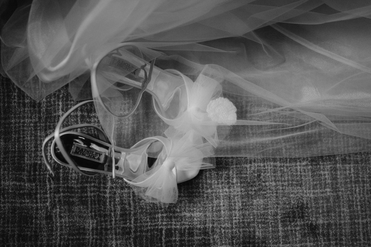 Black and white artistic photo of flowing wedding veil against textured backdrop.