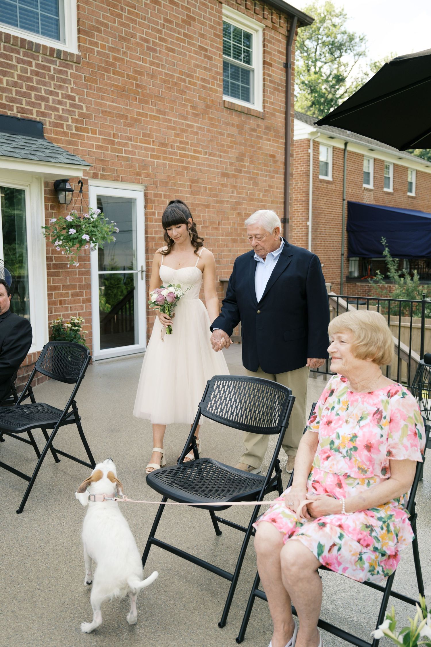 White dog joins intimate outdoor wedding gathering at brick house entrance with folding chairs.