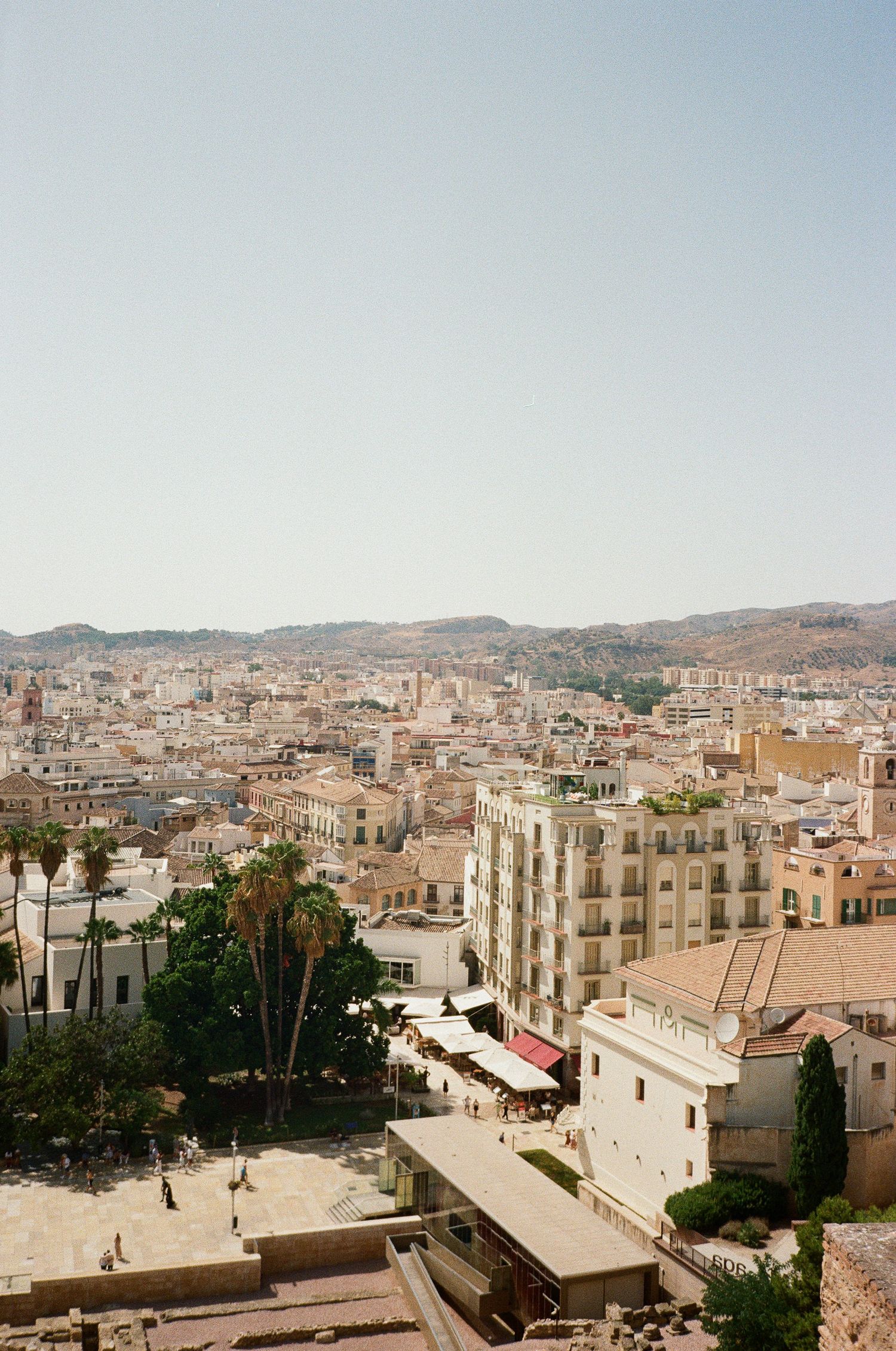 Aerial view of a densely packed Mediterranean city with traditional architecture and palm trees.