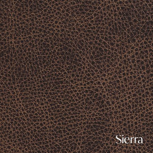 Close-up texture of brown leather material with Sierra text overlay showing detailed grain pattern and surface.
