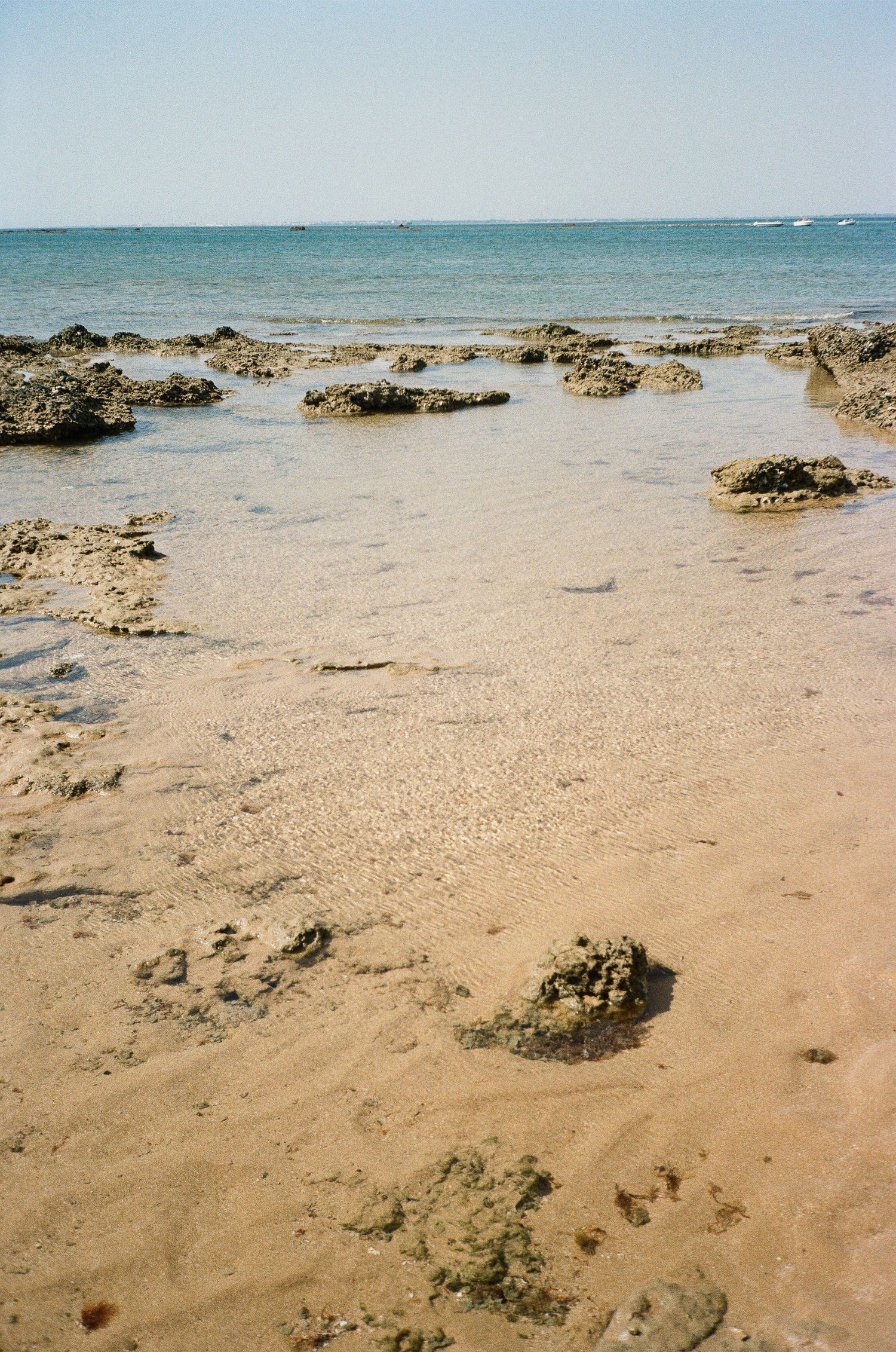 Rocky beach landscape with clear blue waters and scattered rocks during low tide.