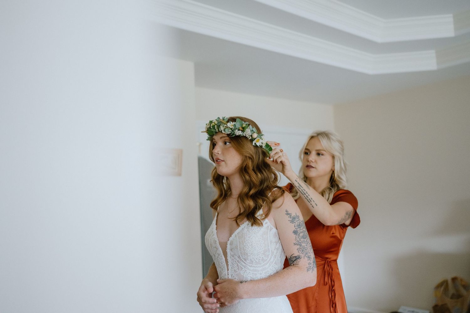 bridal floral crown on red head getting ready backyard wedding in maryland