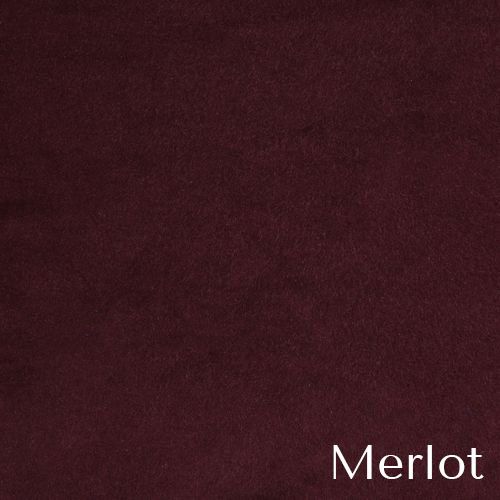 A deep burgundy fabric swatch labeled Merlot with a rich velvet texture.
