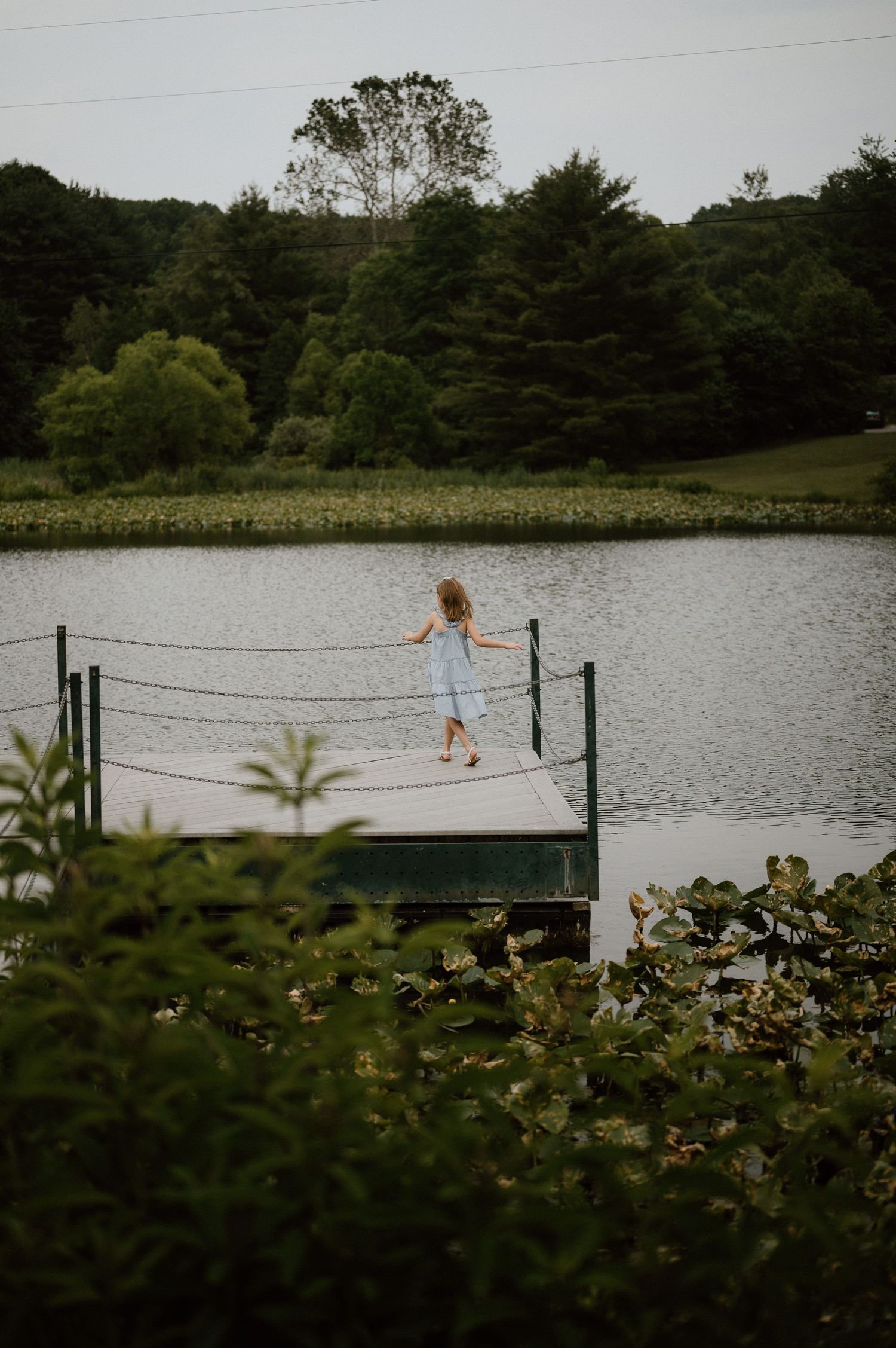 Silhouette of a person standing on a dock over a serene lake surrounded by lush forest.