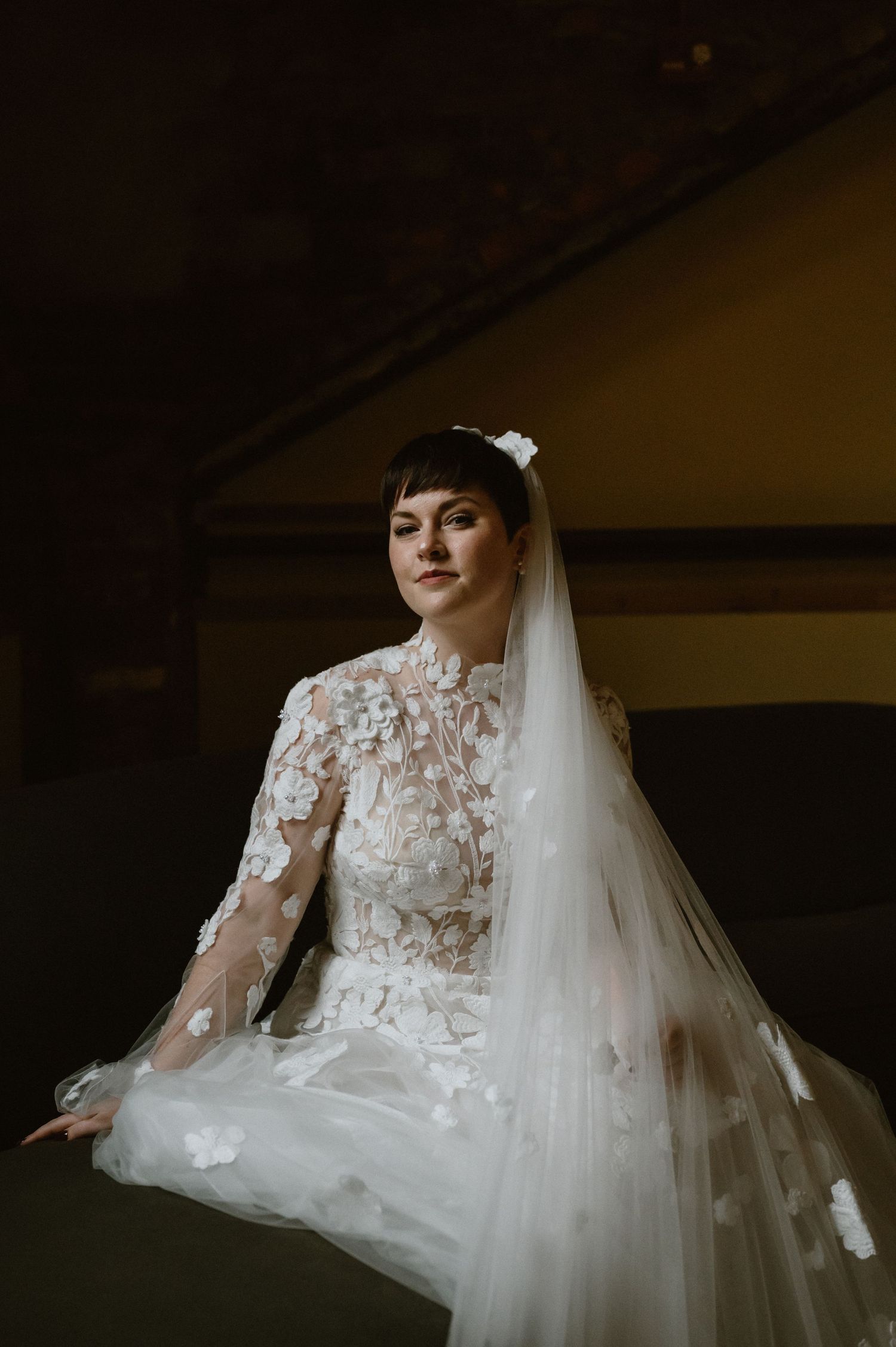A bride wearing an elegant lace wedding gown with sheer sleeves and a flowing veil poses in moody lighting.