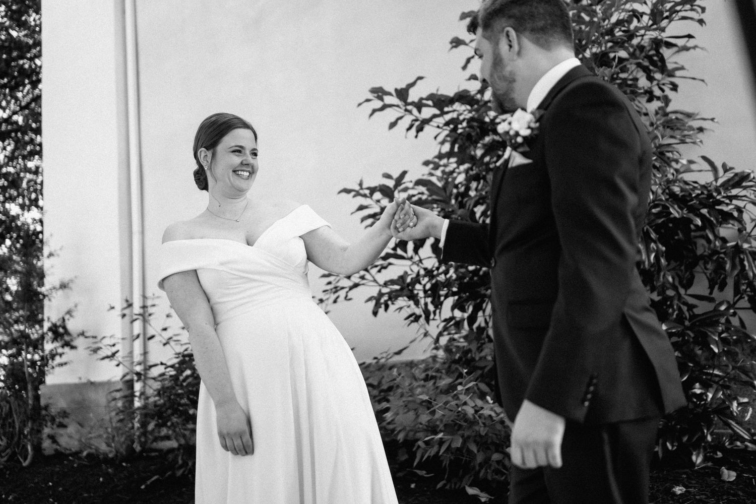 bride and groom outside wedding venue in historic ellicott city