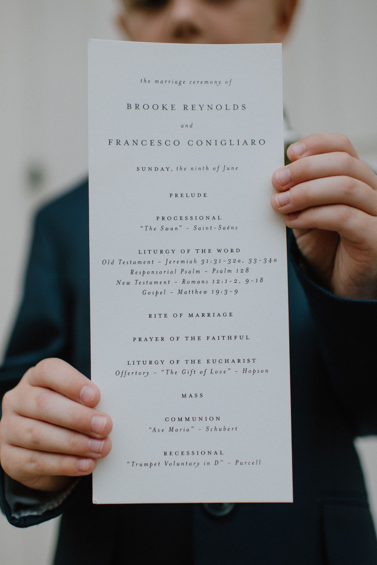 Wedding ceremony program showing details for Brooke Reynolds and Francesco Consigliaro's marriage celebration.
